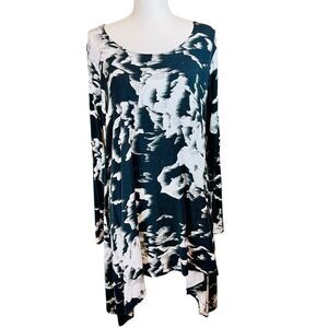 BRYN WALKER Black White Abstract Print Knit Dress Sz S Oversized Lagenlook Loose